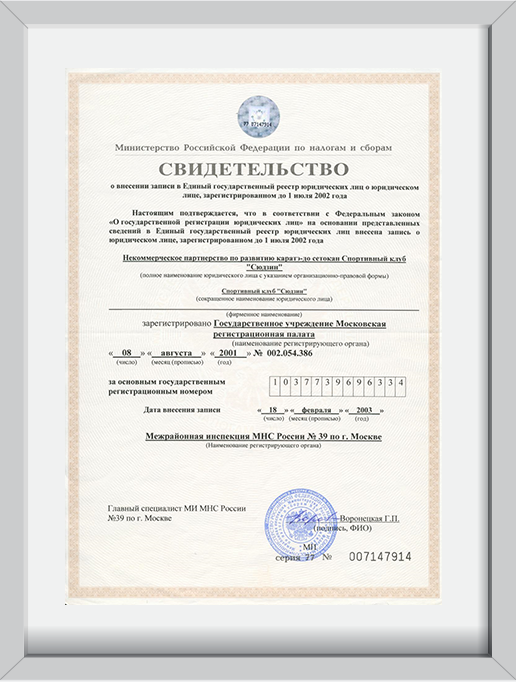 свидетельсто свидетельство клуба каратэ