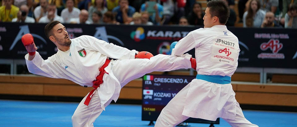 CRESCENZO ANGELO (ITALIA) vs KOZAKI YUGO (JAPAN) in Senior Kumite -60 Kg — Final bout Photo taken during Karate-1 Premier League Berlin 2018 in (Horst-Korber-Sportzentrum) on 16/09/2018. Event organized by World Karate Federation. ©2018 Xavier Servolle / Kphotos