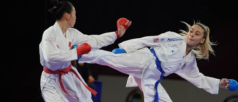 DING JIAMEI (PEOPLES REPUBLIC OF CHINA) vs TERLIUGA ANZHELIKA (UKRAINE) in Senior Kumite -55 Kg — Final bout Photo taken during Karate-1 Premier League Shanghai 2019 in Gymnasium of Shanghai University of Finance and Economics on 09/06/2019. Event organized by World Karate Federation. ©2019 Xavier Servolle / Kphotos